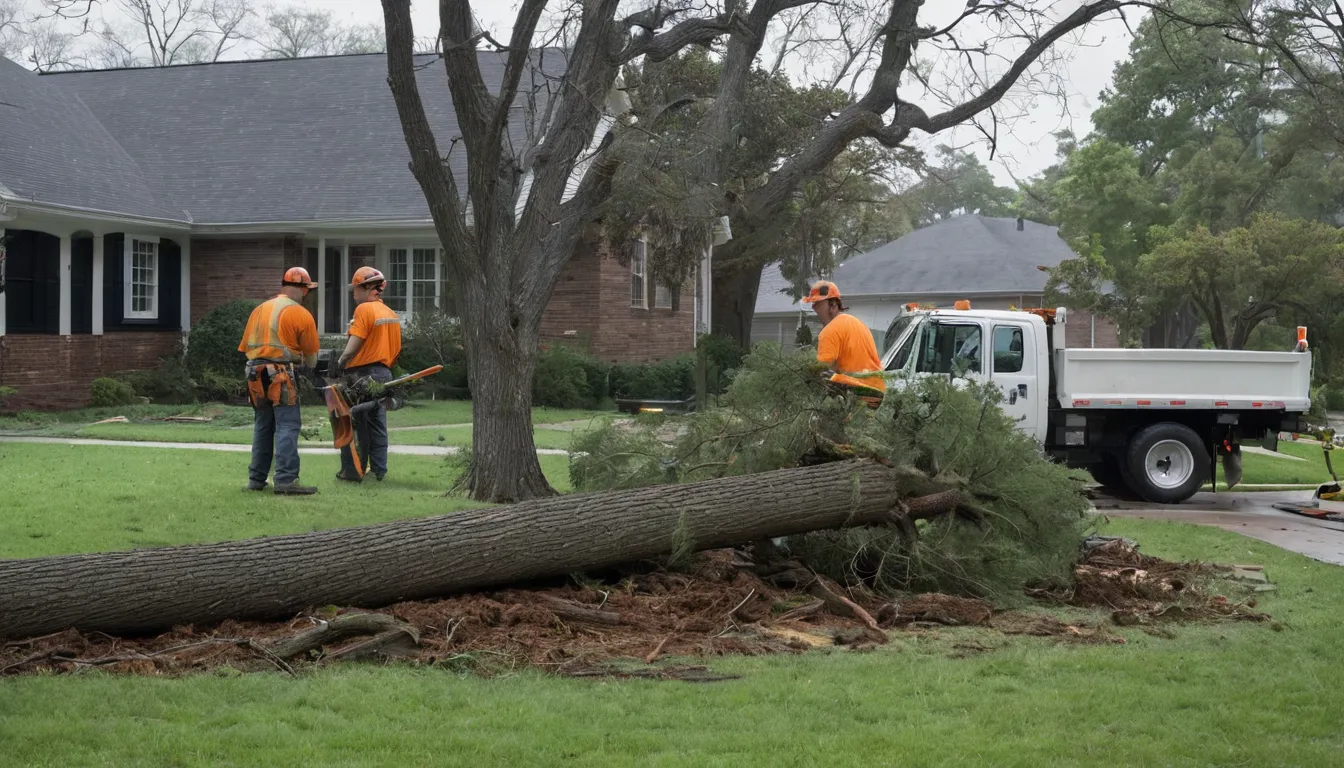Tree service crew clearing a storm-fallen tree from a home yard in Knoxville