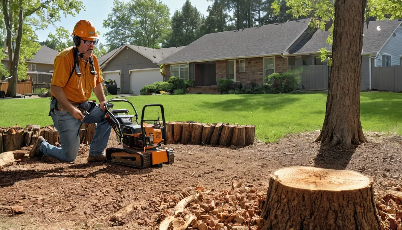 Stump grinder cutting an old tree stump in a residential backyard in Knoxville
