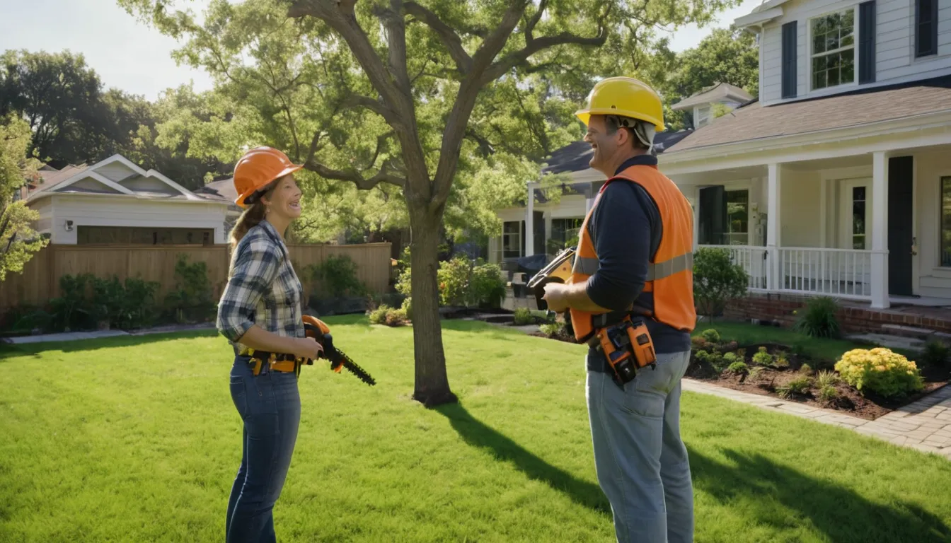 A local tree provider and a homeowner reviewing a large backyard tree in Knoxville before removal